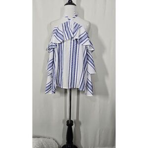 Express Ruffle White and Blue Long Sleeve Cold Shoulder Halter Top Small